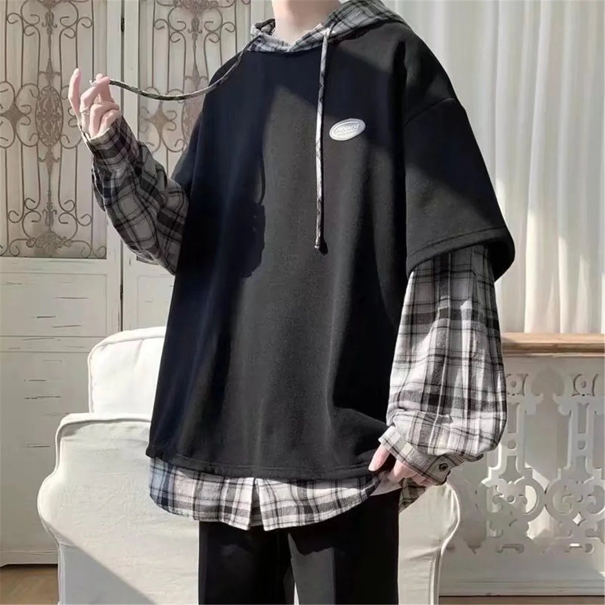 Bonsir Fashion Kahaki Patchwork Sweatshirt Autumn Loose Harajuku Vintage Plaid Hip Hop Tops Streetwear Winter High Street Gothic Hoodie