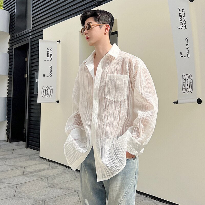 Bonsir Korean Style Transparent Men's Fashion Striped Shirts Summer Trendy Long Sleeve Mesh Tops New Perspective Clothing