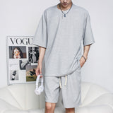 Bonsir Waffle Two Piece Set Men Short Sleeve O-neck T shirts And Shorts Casual Sports Suits 2023 Summer Fashion Mens Tracksuit  Outfits