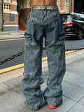 Bonsir Retro Loose Washable Jeans for Men Y2K Large Pocket Straight Sleeve Jeans Baggy Wide Leg Zipper Hip Hop Casual Pants Floor