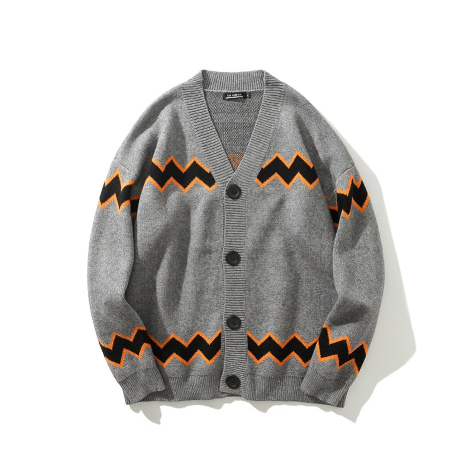 Bonsir Harajuku Spliced Autumn Cardigan New Sweater Male V-neck Color Matching Wave Pattern Knit Sweater Pull Homme Korean Sweaters