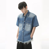Bonsir High Street Men's Fashion Burrs Hole Denim Shirts Vintage Niche Desian Male Casual Short Sleeve Lapel Cardigan Coat