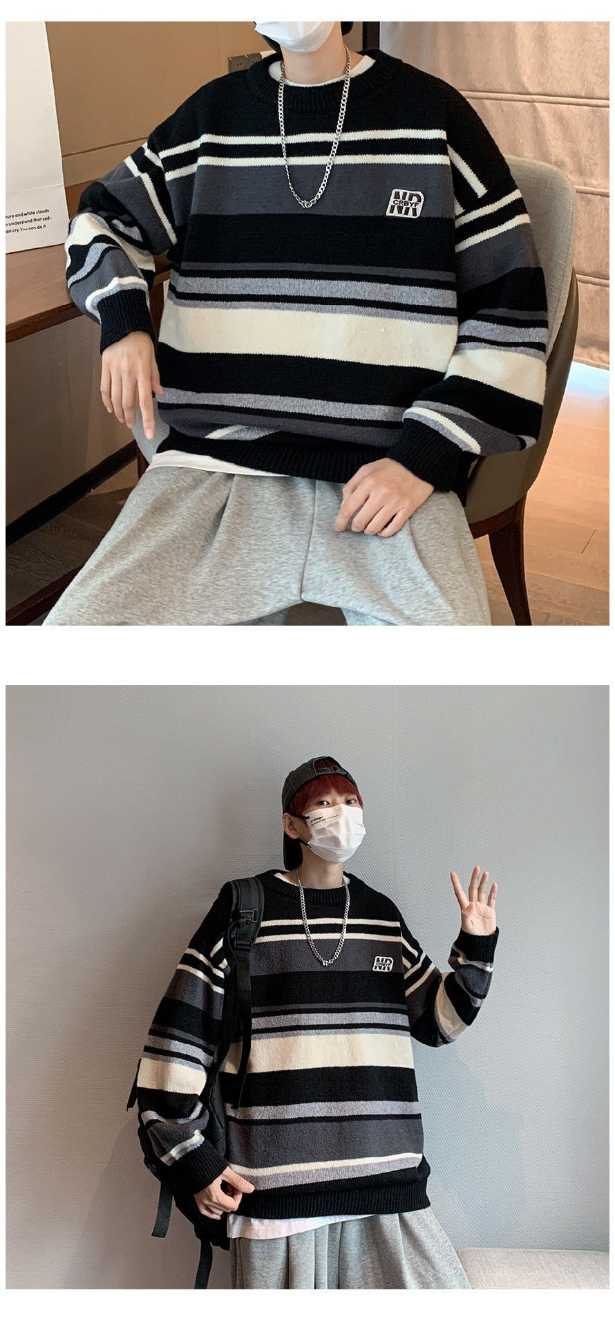 Bonsir Stripe Contrast Sweater Men's Autumn and Winter Fashion Brand Trendy Loose Round Neck Pullover Knitwear Sweater Coat