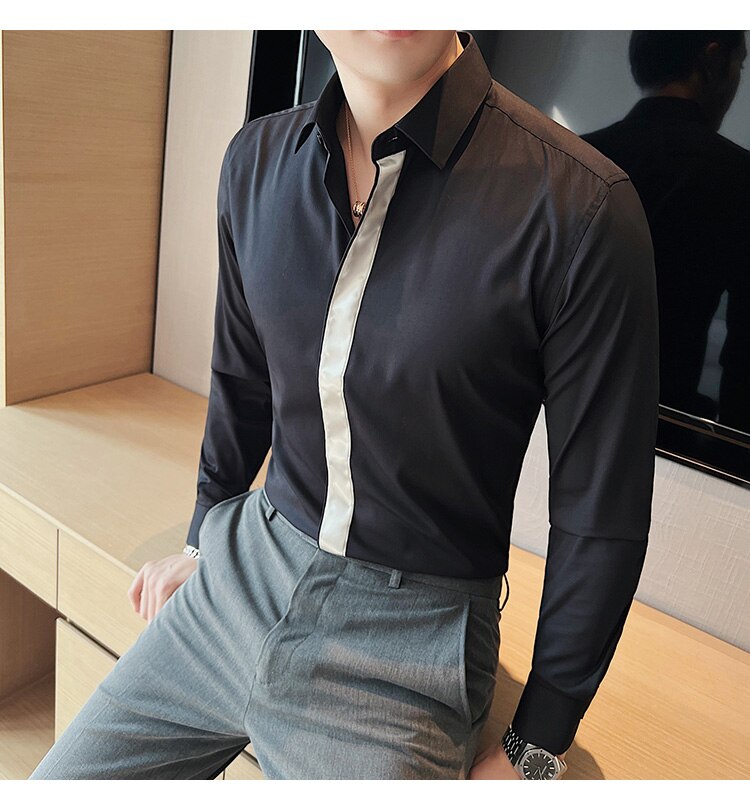 Bonsir Fashion Splicing Shirts Men Long Sleeve Slim Casual Shirt High Quality Business Dress Shirt Formal Social Party Tuxedo Blouse