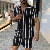 Bonsir Vacation Casual Shirt Set Men's Summer New Fashion Stripe Contrast Color Print Lapel Short Sleeve Top Shorts Two-piece Set