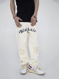 Bonsir High Street Ink Printing Letter Jeans Men Loose Hip Hop Smiley Face Ripped Hole Denim Pants Straight Jeans Male