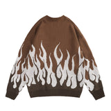 Bonsir Retro Flame Printed Contrast Color Pullover Autumn Sweaters for Men and Women Round Neck Patchwork Hip Hop Baggy Knitted Tops