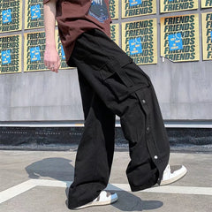 Bonsir  New Men Cotton Cargo Pants Harajuku Style Straight Casual Pants for Men  Solid Big Pockets Loose Wide Leg Design Trousers