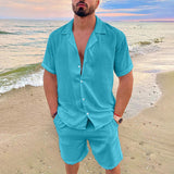 Bonsir Solid Color Cotton Linen Hawaiian Shirt Set Men Summer New Vacation Fashion Lapel Casual Short Sleeve Top Shorts 2pcs Set
