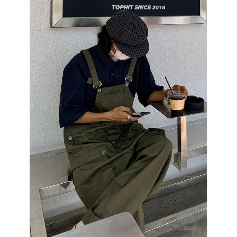 Bonsir Men's Retro Designer Overalls Workwear Sling Korean Loose Wide Leg Jumpsuit Streetwear Solid Color Men's Clothing