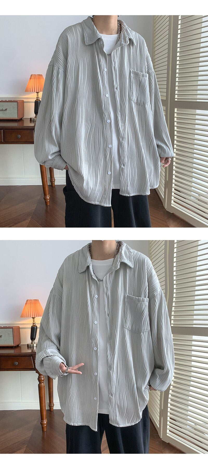 Bonsir Autumn Pleated Shirt Men Fashion 4-color Casual Ice Silk Shirt Mens Japanese Loose Long-sleeved Shirt Mens Large Size M-5XL