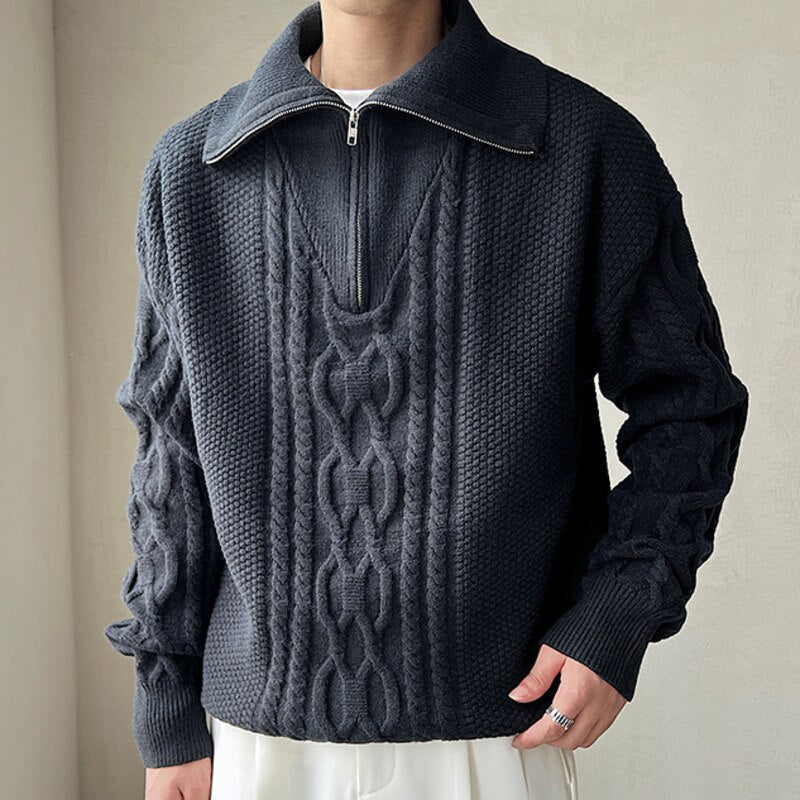 Bonsir High Quality Large Lapel Pullover Sweater Black White Coarse Zipper Knitted Sweater For Men Pull Homme Men Winter Sweater Brand