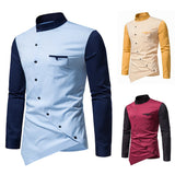 Bonsir New Shirts For Men Long Sleeve Lrregular Diagonal Button Contrast Henry Collar Shirts Personality Mens Top Clothes Wedding Shirt