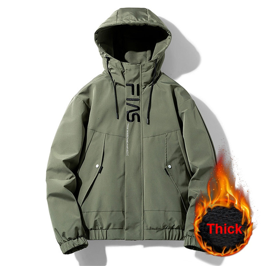 Bonsir Windbreaker Jacket Men Solid Color Thick Jackets Coats Autumn Spring Fashion Casual Hooded Cargo Jacket Male Green Black Coat