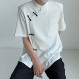 Bonsir Men's Irregular New Chinese Style Disc Button Short Sleeve Shirt Summer Fashion Man Fashion Casual Blouse Turtleneck Tops Tee