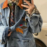 Bonsir Man Homemade Cowboy Coats Spring And Autumn Maple Leaf Embroidery Outerwear Bf Retro Loose Work Bomber Denim Jacket