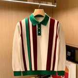 Bonsir Spring Autumn Knitting Polo Shirt Men Casual Turn-down Collar Button Fashion Color Stripe Slim Tops Ice Silk Knitting T-shirts