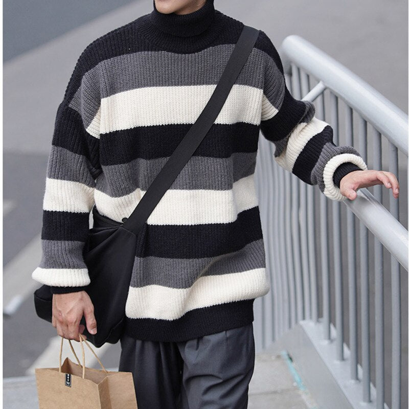 Bonsir  Turtleneck Striped Sweater For Men Loose Autumn Fashion Knitted Pullovers Warm New Brand Male Casual Clothing