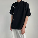 Bonsir Men's Irregular New Chinese Style Disc Button Short Sleeve Shirt Summer Fashion Man Fashion Casual Blouse Turtleneck Tops Tee