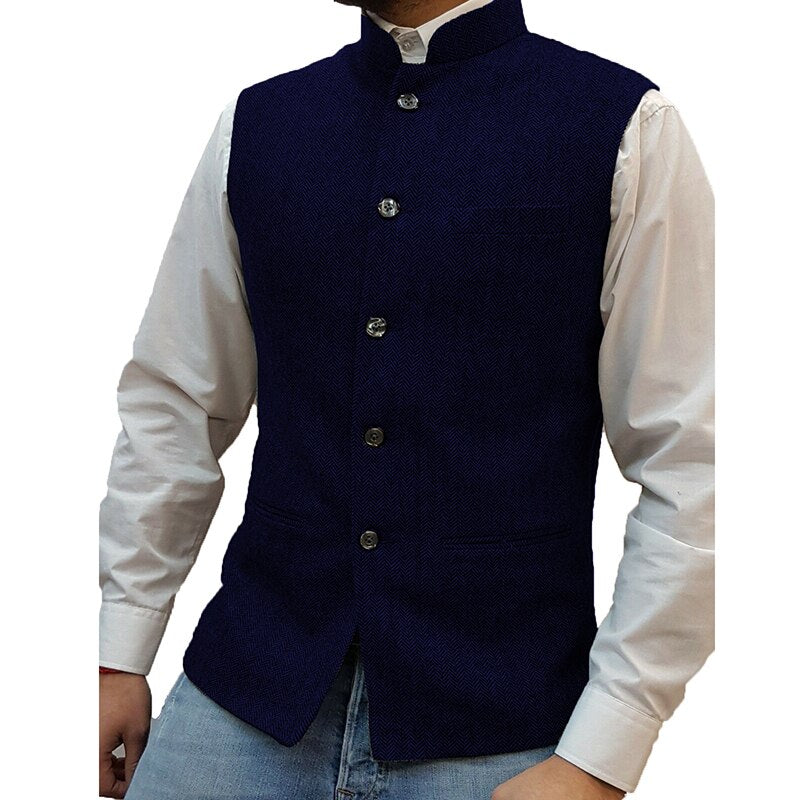 Bonsir Casual Sleeveless Single Breasted Vest Blazers Mens Vintage Solid Stand Collar Suit Cardigan Men Autumn Formal Fashion Outerwear