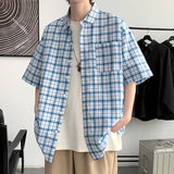 Bonsir New Fashion Plaid Shirt Men Summer Casual Button Down Short Sleeve Shirts Mens Loose Business Office High Quality Blouse