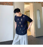 Bonsir Summer Hole Design Male Round Neck T-shirts Solid Color Short Sleeve Men's Knitted Tops 2023 New Korean Casual Trend