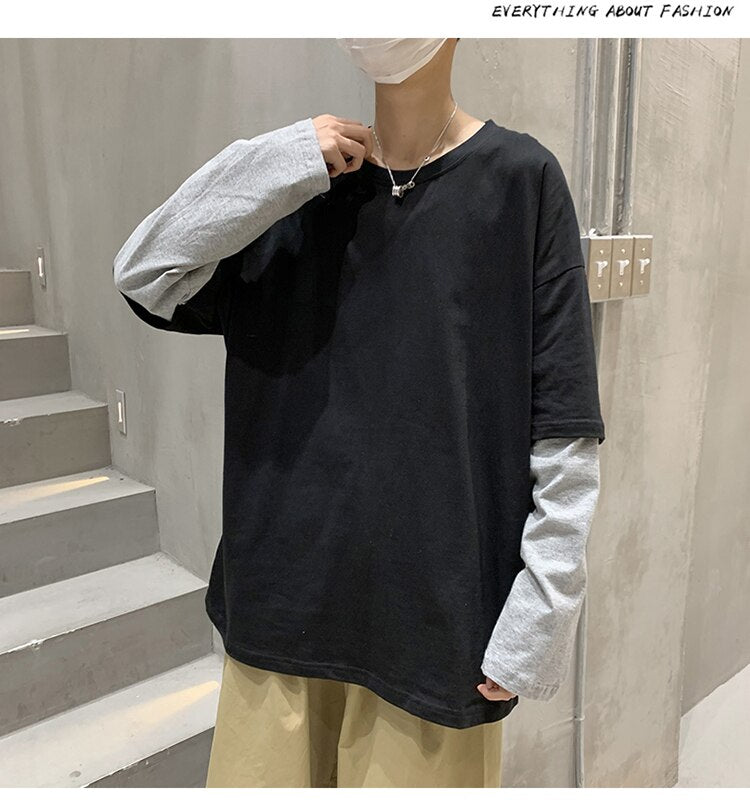 Bonsir Autumn Spring Fashion Oversized Fake Two Pieces Black Grey Tshirt Men's Long Sleeve Casual O Neck T-Shirt For Man TOP TEES