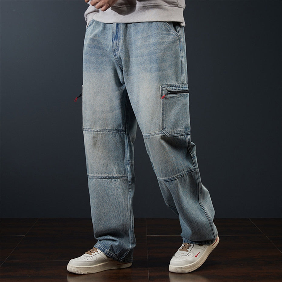 Japanese Style Men Jeans Vintage Loose Denim Cargo Pants Streetwear Hip Hop  Harem Jeans Men Sky Blue 33 at  Men's Clothing store