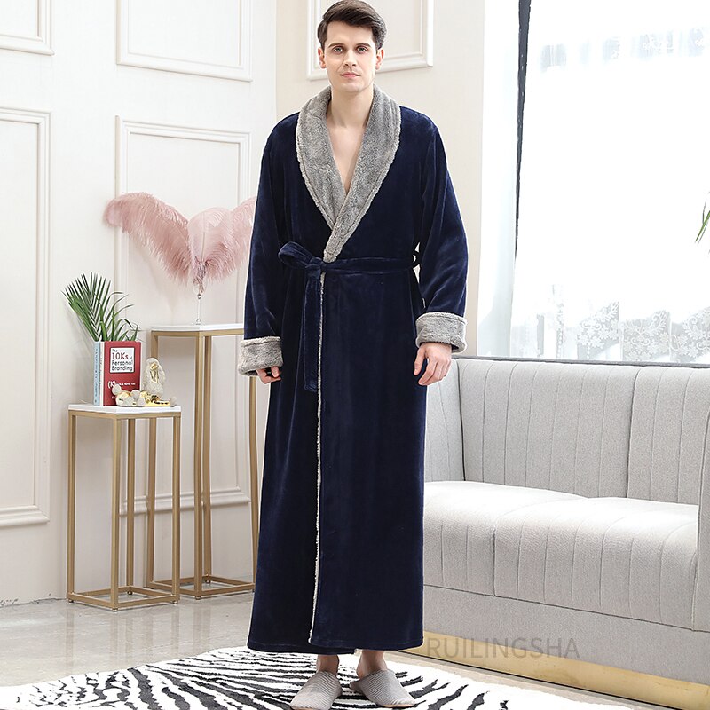 Bonsir Men Winter Plus Size Long Warm Coral Fleece Bathrobe Hooded Cozy Flannel Zipper Bath Robe Night Dressing Gown Women Sleepwear