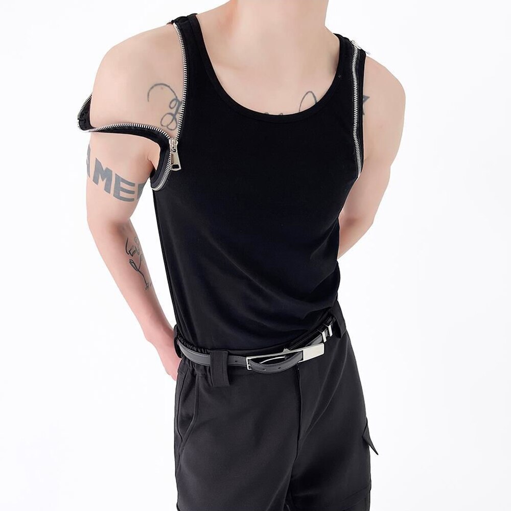 Bonsir New Casual Vest Korean Personality Metal Zip Design Fashion Sexy Tight Top Tank Sleeveless Tees LGBT Unisex Tops Streetwear