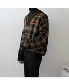 Bonsir Korean Fashion Vintage V-neck Plaid Sweater Male Autumn and Winter Casual Loose Men's V-neck Knitted Sweater for Men Pullover