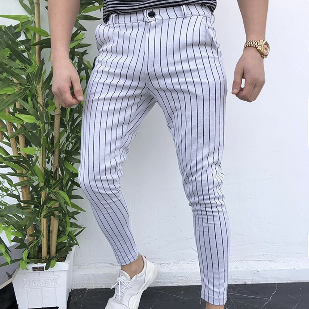 Bonsir Autumn New Men's Business All-Match Work Pants Striped Men's Tight Casual Trousers Iron-Free Commuter Pencil Pants