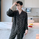 Bonsir Mens Designer Pajamas for Men Sleepwear Set Pijama Set Long Sleeve Sleep Tops Trousers Sleep Wear Men Thin Ice Silk Pajama Set