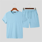 Bonsir Spring Summer Solid Color Casual Ribbed Two Piece Set Men Fashion Short Sleeve O Neck T-shirt And Shorts Suits Mens Clothes