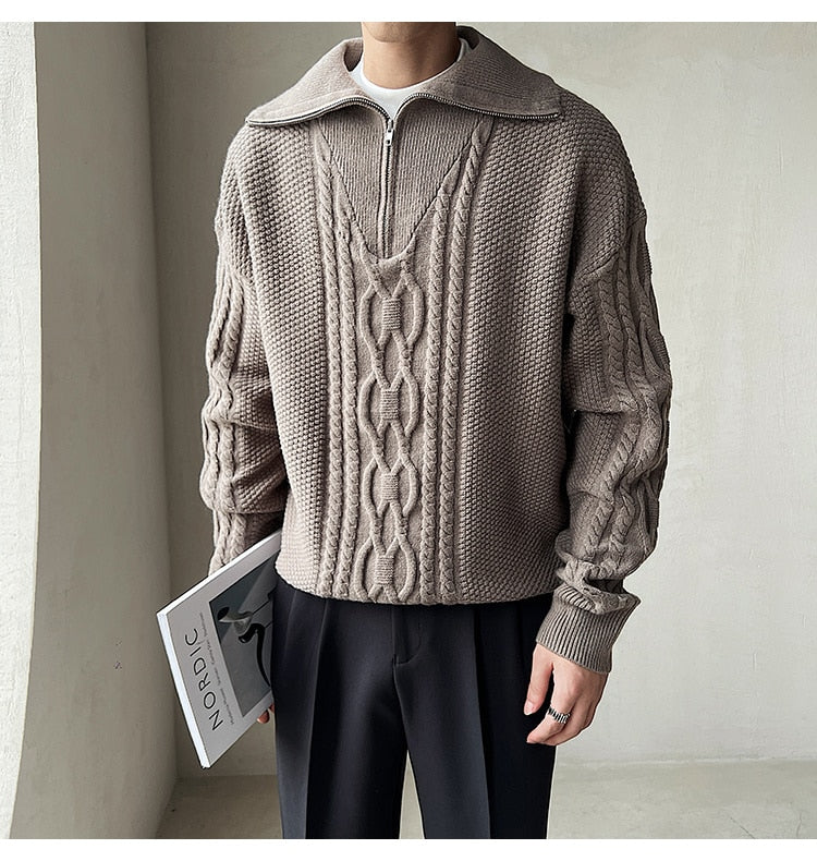 Bonsir High Quality Large Lapel Pullover Sweater Black White Coarse Zipper Knitted Sweater For Men Pull Homme Men Winter Sweater Brand