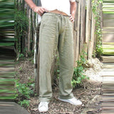 Bonsir Casual Men's Loose Solid Straight Pants Spring Summer Leisure Drawstring Pleated Mid Waist Tie-up Thin Beach Trouser Mens