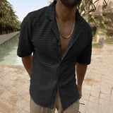 Bonsir Solid Color Slim-fit Lapel Short-sleeved Shirt Top Men's Summer Casual Vacation Style Single-breasted Hollow Lapel Hollow Top