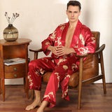 Bonsir Male Satin Sleepwear Robe&Pants Dargon Pajamas Set Print Men Nightwear Kimono Bathrobe Gown Faux Silk Lounge Wear Home Clothes
