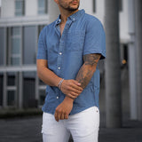 Bonsir Fashion Loose Solid Color Shirt Mens Casual Short Sleeve Turn-down Collar Buttoned Shirts Spring Summer Leisure Shirts Men