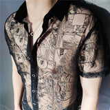 Bonsir High Quality Black Lace Sexy Shirt Embroidery See Through Shirt Men Social Club Luxe Transparent Shirt Summer Short Sleeve Shirt