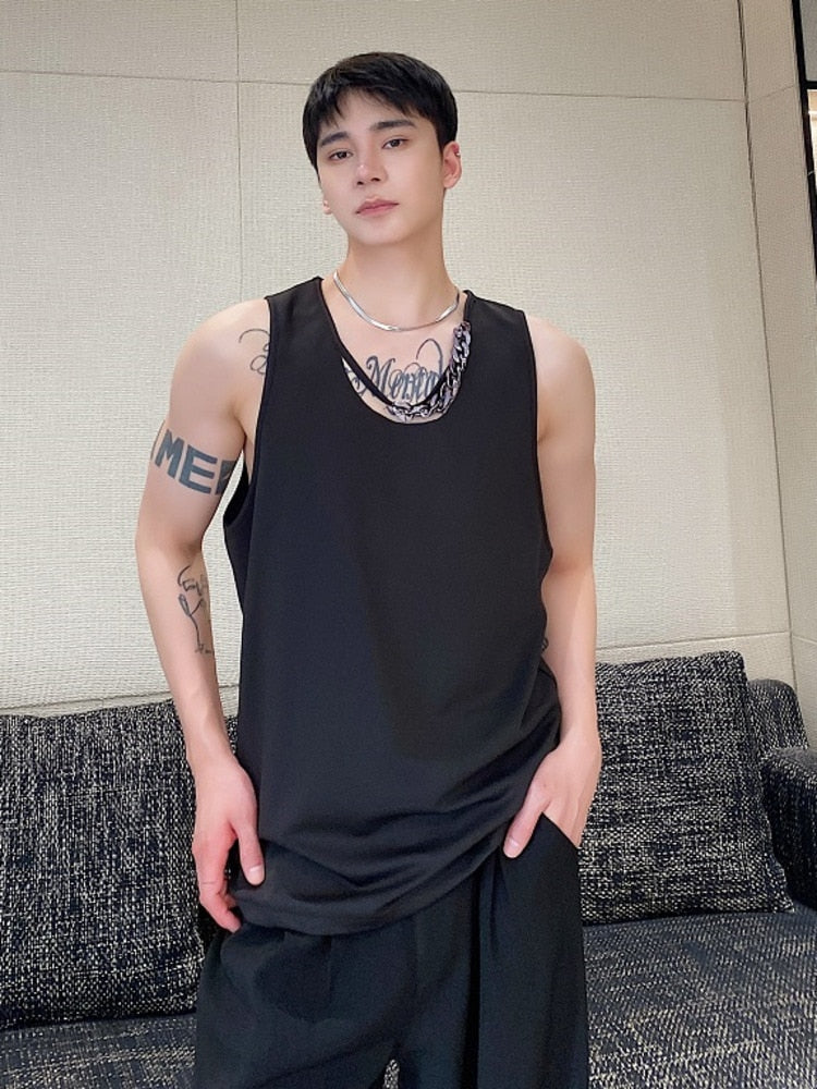 Bonsir Spring Summer Round Collar Chain Casual Sleeveless Vest Korean Style Personality Design Fashion Slim Top Tank Top