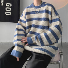 Bonsir Winter Striped Sweater Men Warm Fashion Casual Knit Pullover Men Korean Loose Oversized Long Sleeve Sweater Mens Jumper Clothes