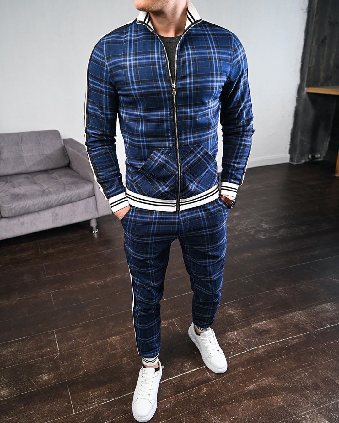 Bonsir New men's tracksuit Fashion Plaid Man Sets Trendy Brand Casual Sportswear Spring Autumn Jacket + Pants 2 Piece Set 3D Print