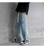 Bonsir Washed Blue Mopping Jeans Men Hiphop Casual Loose Straight Wide Leg Printed Cross Overalls Casual Denim Trousers Four Seasons