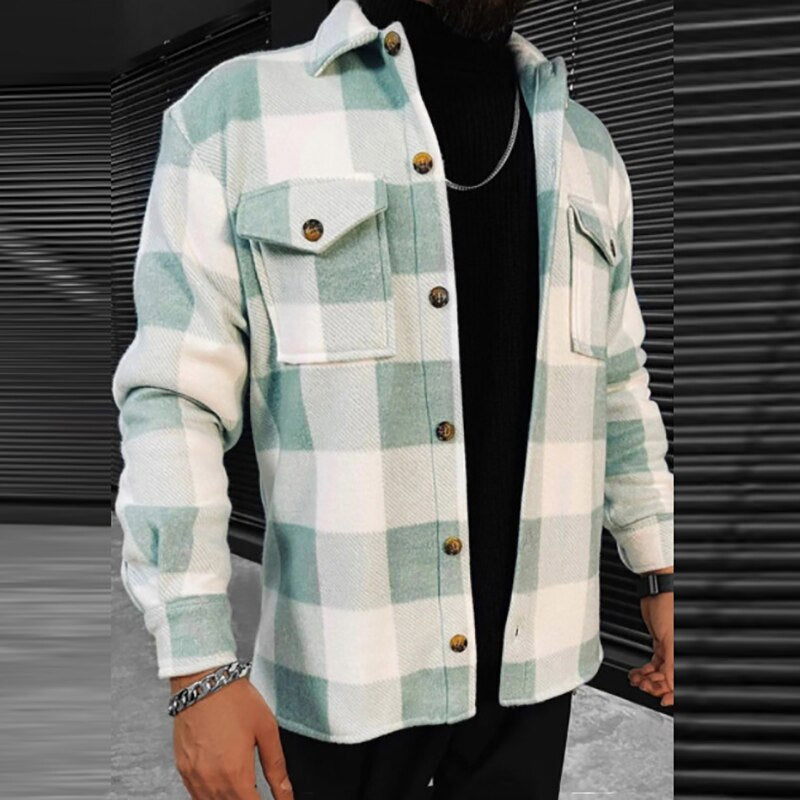 Bonsir Casual Long Sleeve Mens Jackets Button-up Turn-down Collar Cardigans Tops  Autumn Men Fashion Plaid Printed Coats Outerwear