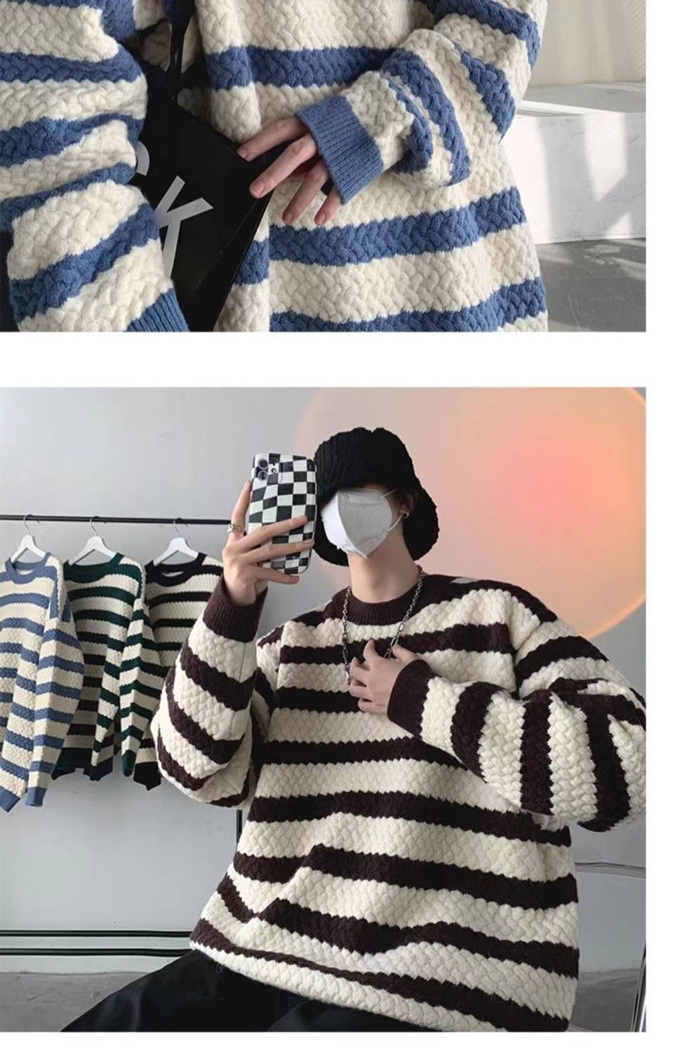 Bonsir Winter Men's Stripe Printing Coats Round Neck Wool Sweater Retro Loose Pullover Fashion Trend Thickened Knitting M-2XL