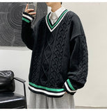 Bonsir Winter V-neck Sweater Men New Patchwork Color Knitted Sweater Pullover Harajuku Couple Streetwear Loose Knitwear Oversized 2XL