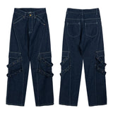 Bonsir Harajuku Solid Color Multi-pockets Jeans Pants Men and Women Straight Cargo Pants Washed Streetwear Baggy Casual Denim Trousers
