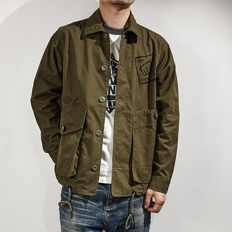 Bonsir New Mens Cargo Jacket Army Green Casual Outerwear American Loose Outdoor Military Youth Coat Male