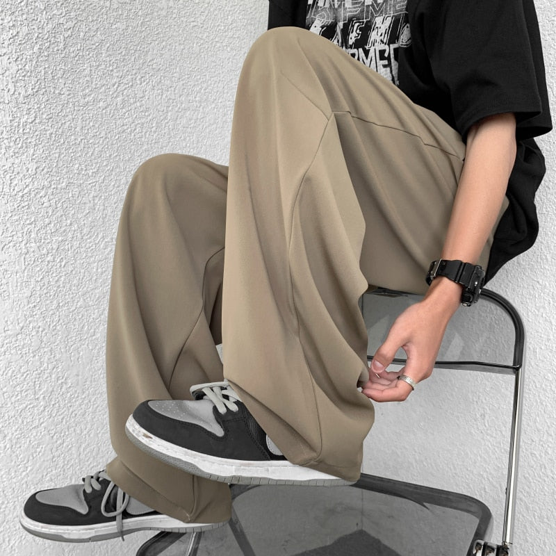 Bonsir Korean-style Baggy Casual Wide-leg Pants Male Summer Ice Silk Thin Fashion Loose Drawstring Harem Pants Streetwear Trousers